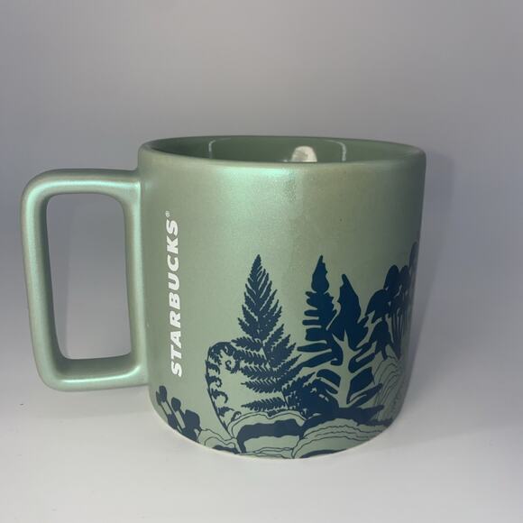 2022 Starbucks Fern & Mushroom Mug Blue On Iridescent Green 12 Oz. - Picture 3 of 8